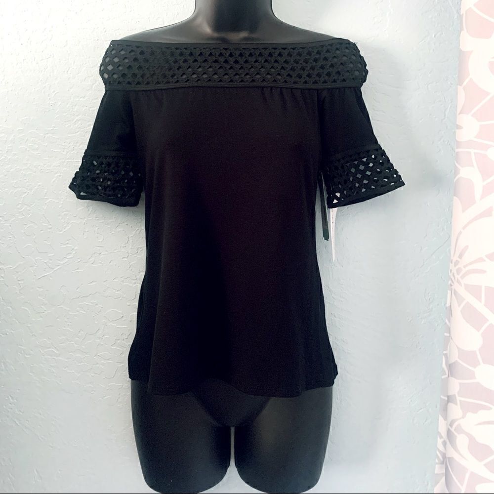 Montagne Black Off Shoulder Mesh Short Sleeve Shirt Size Small